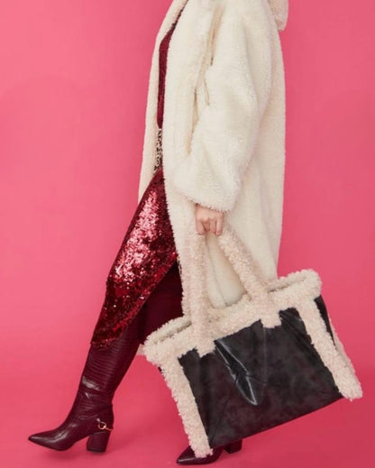 KATE BLACK FAUX SHEARLING TOTE BAG